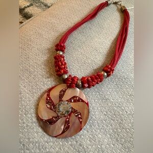 Red Statement Necklace with Round Swirl Pendant